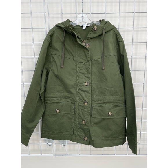 Time & Tru Olive Green Anorak Hood Cotton Button Zip Unlined Jacket Sz Med. - Picture 1 of 7